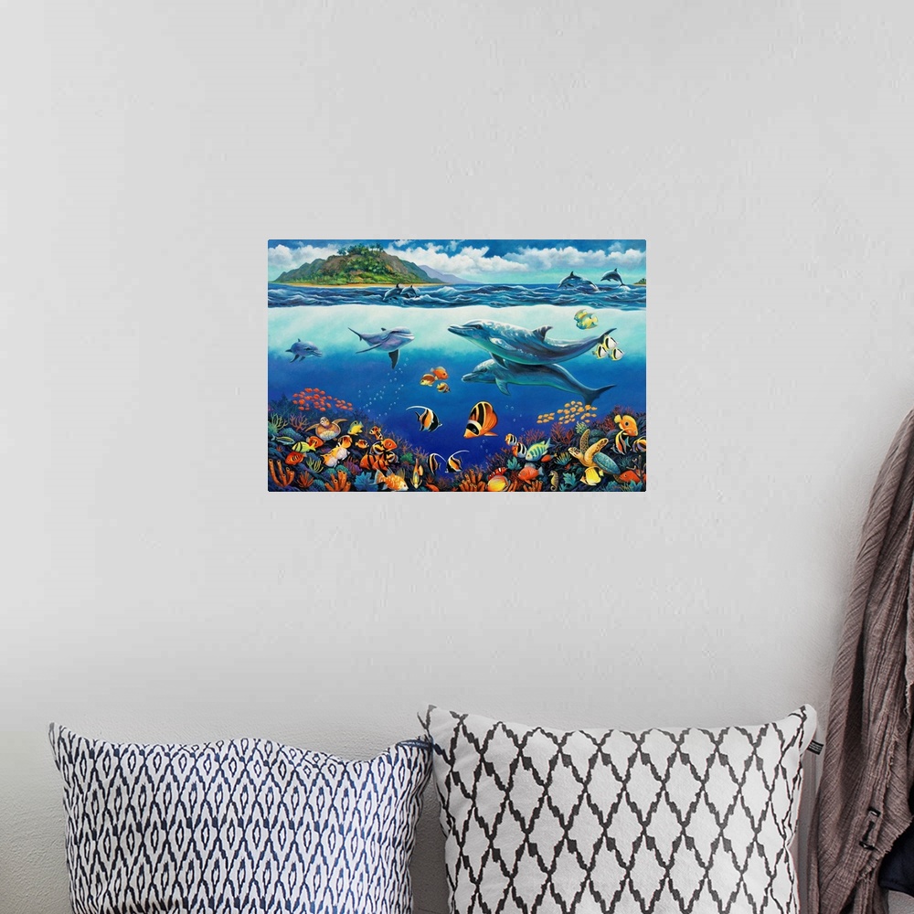 A bohemian room featuring underwater view of coral reef and dolphins