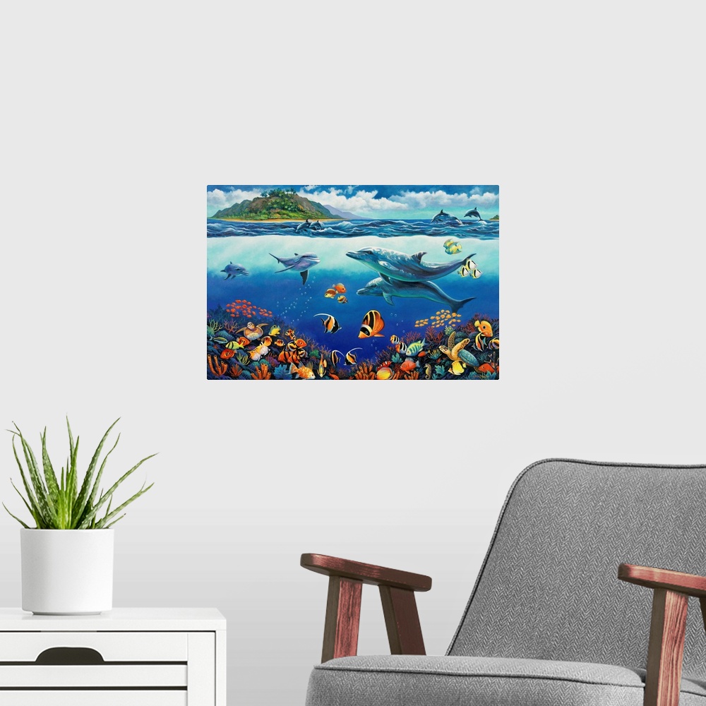 A modern room featuring underwater view of coral reef and dolphins