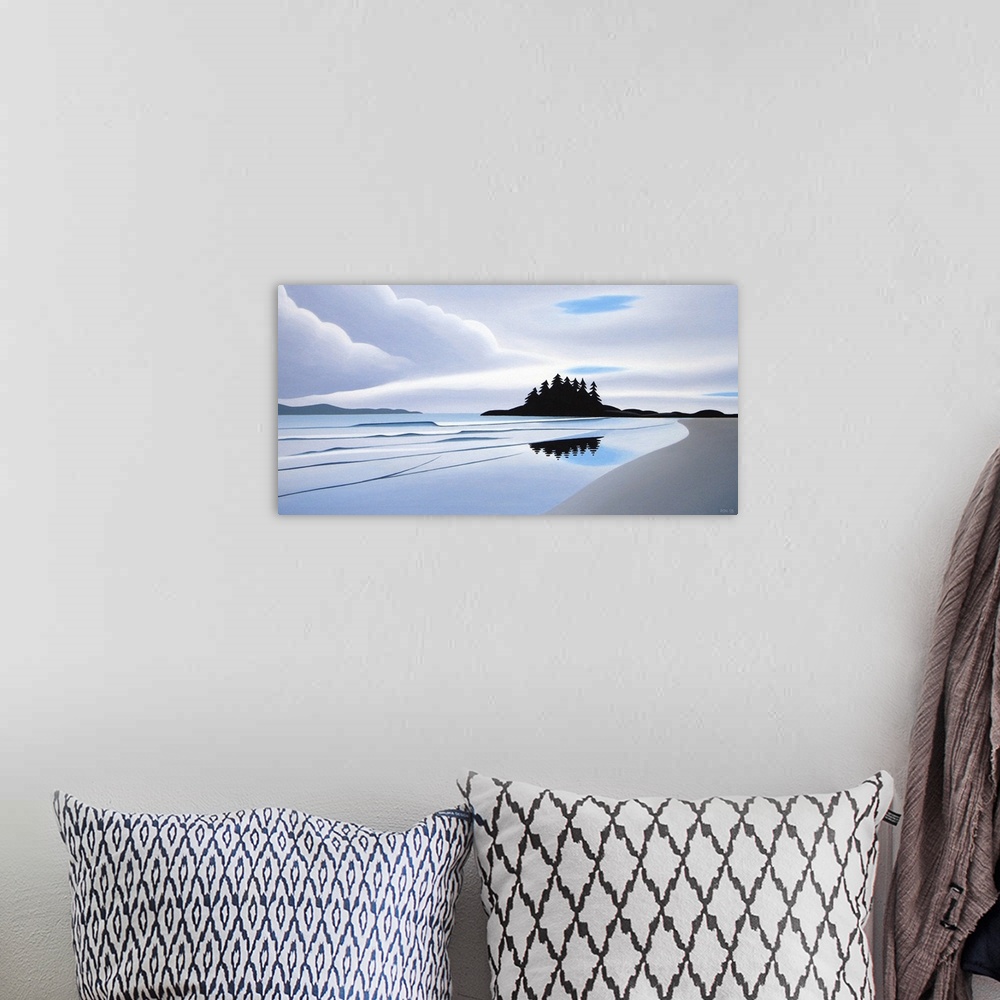 A bohemian room featuring Contemporary painting of a seascape from a beach, with mountains in the distance.