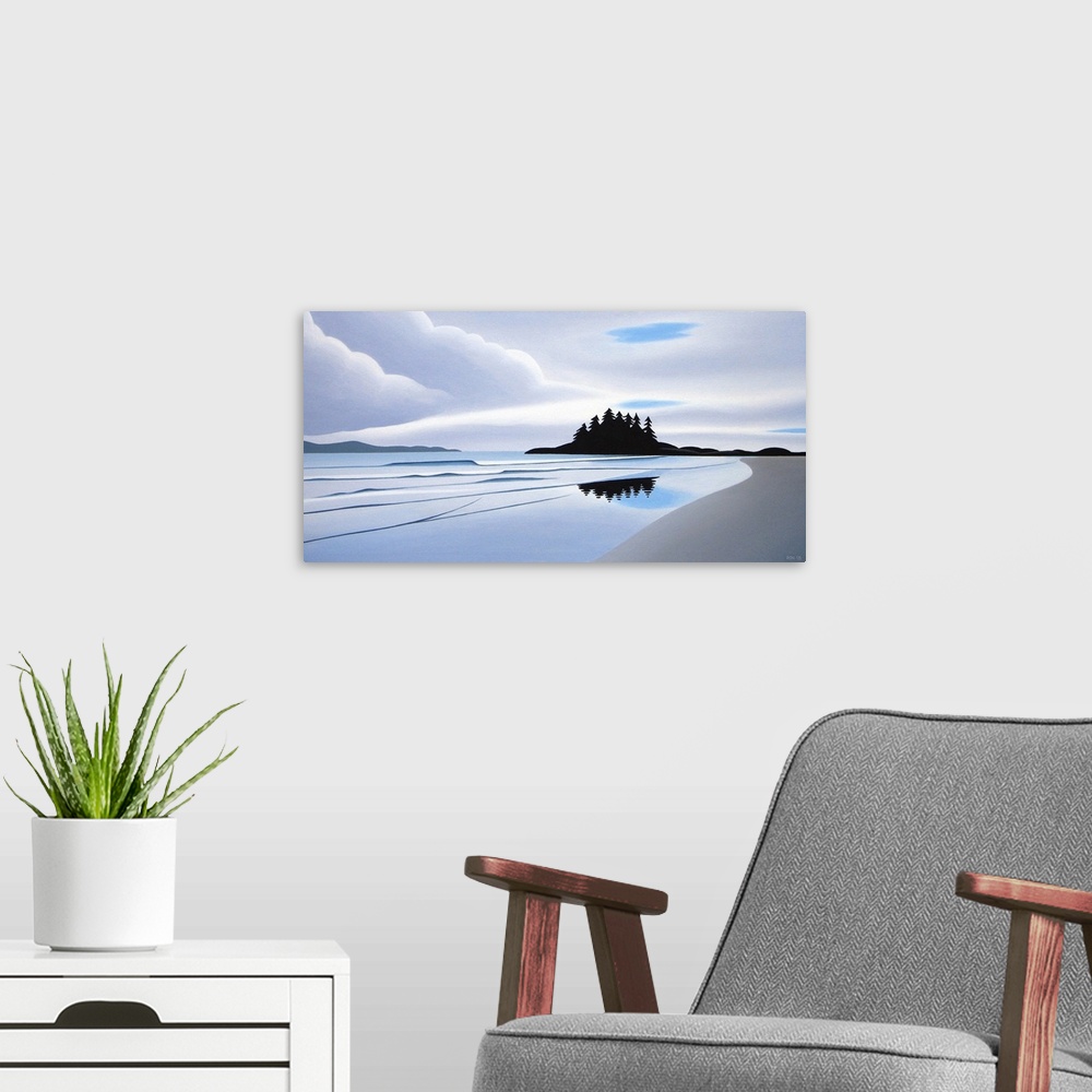 A modern room featuring Contemporary painting of a seascape from a beach, with mountains in the distance.