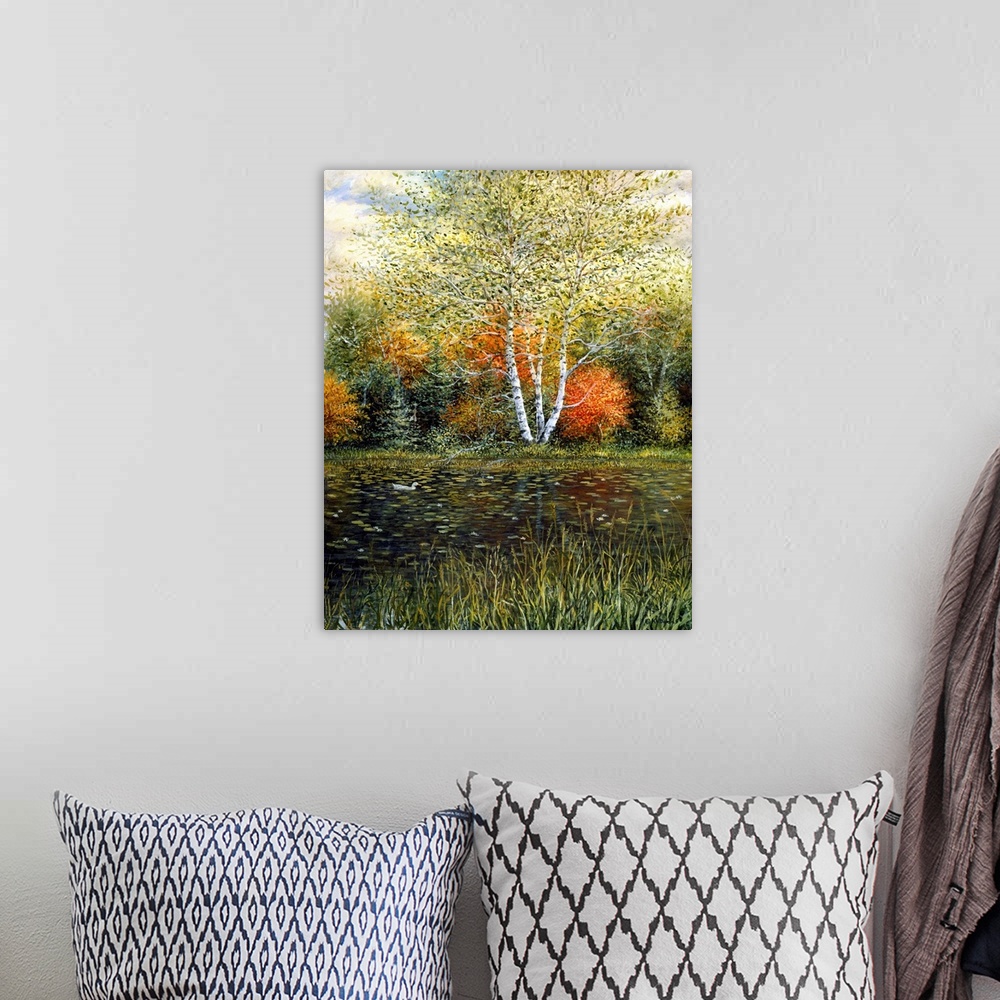 A bohemian room featuring Contemporary artwork of autumn trees reflecting in pond