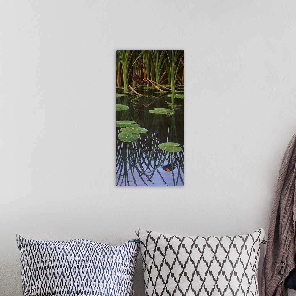A bohemian room featuring Reflection of a Redwing blackbird in a pond.