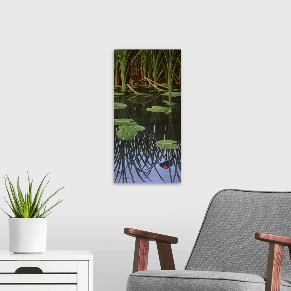 A modern room featuring Reflection of a Redwing blackbird in a pond.