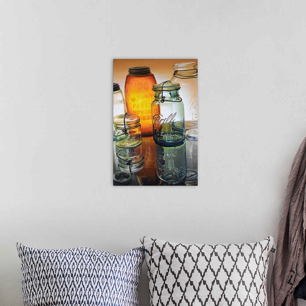 A bohemian room featuring A contemporary still life painting using a trump l'oeil effect to make objects look realistic.
