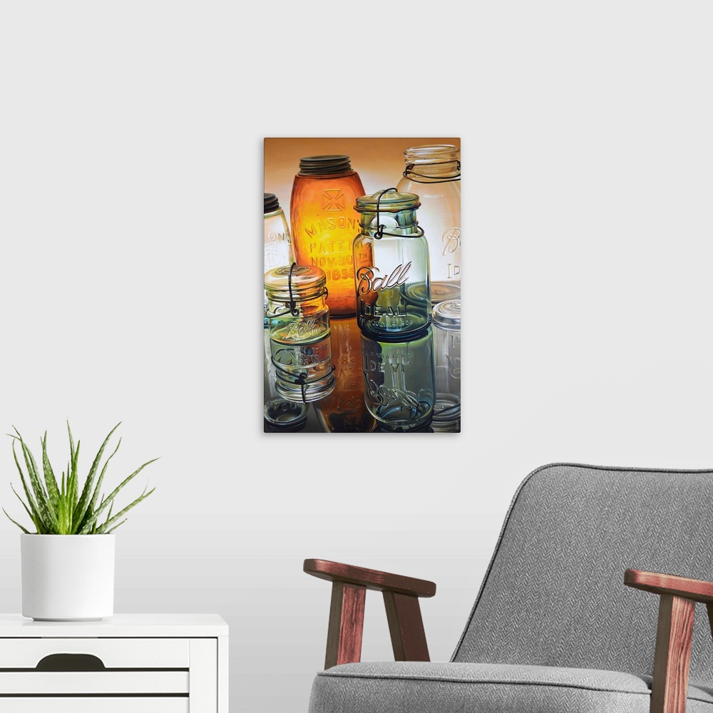 A modern room featuring A contemporary still life painting using a trump l'oeil effect to make objects look realistic.
