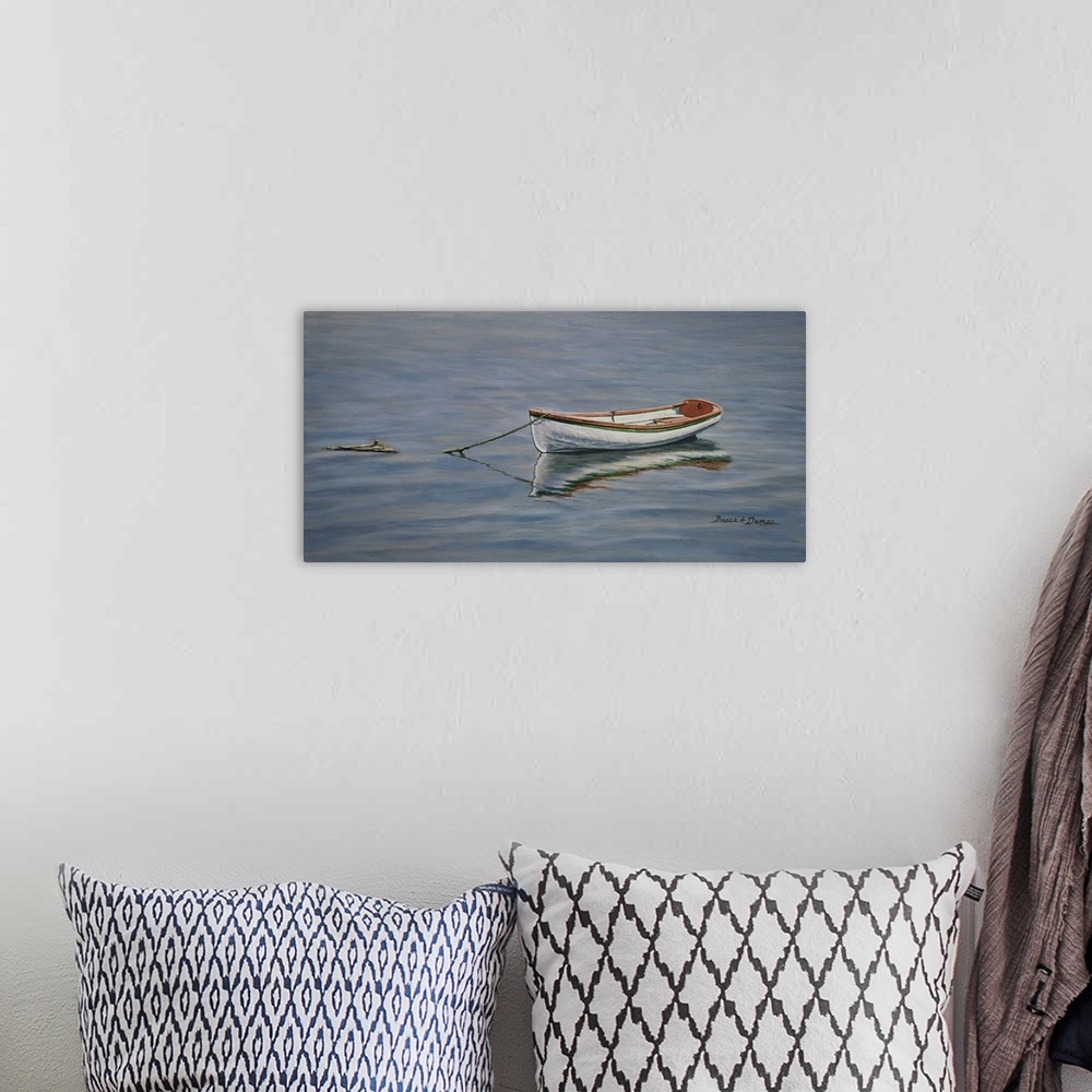 A bohemian room featuring Contemporary artwork of small boat in the water.