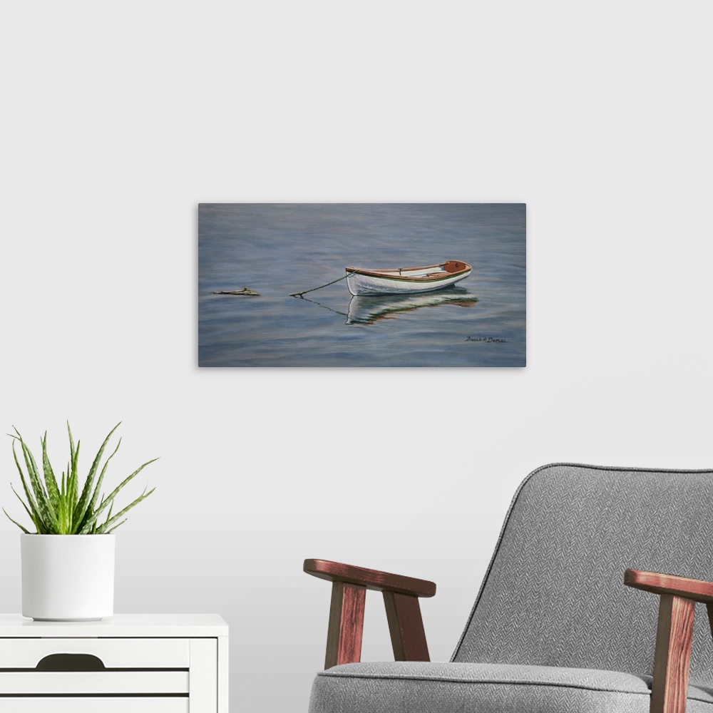 A modern room featuring Contemporary artwork of small boat in the water.