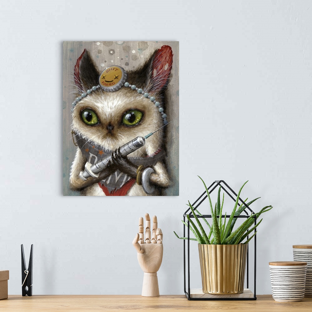 A bohemian room featuring Surrealist painting of a cat-like creature holding a syringe.