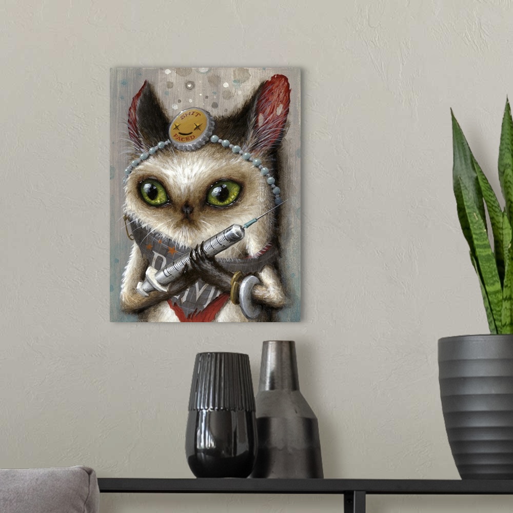 A modern room featuring Surrealist painting of a cat-like creature holding a syringe.