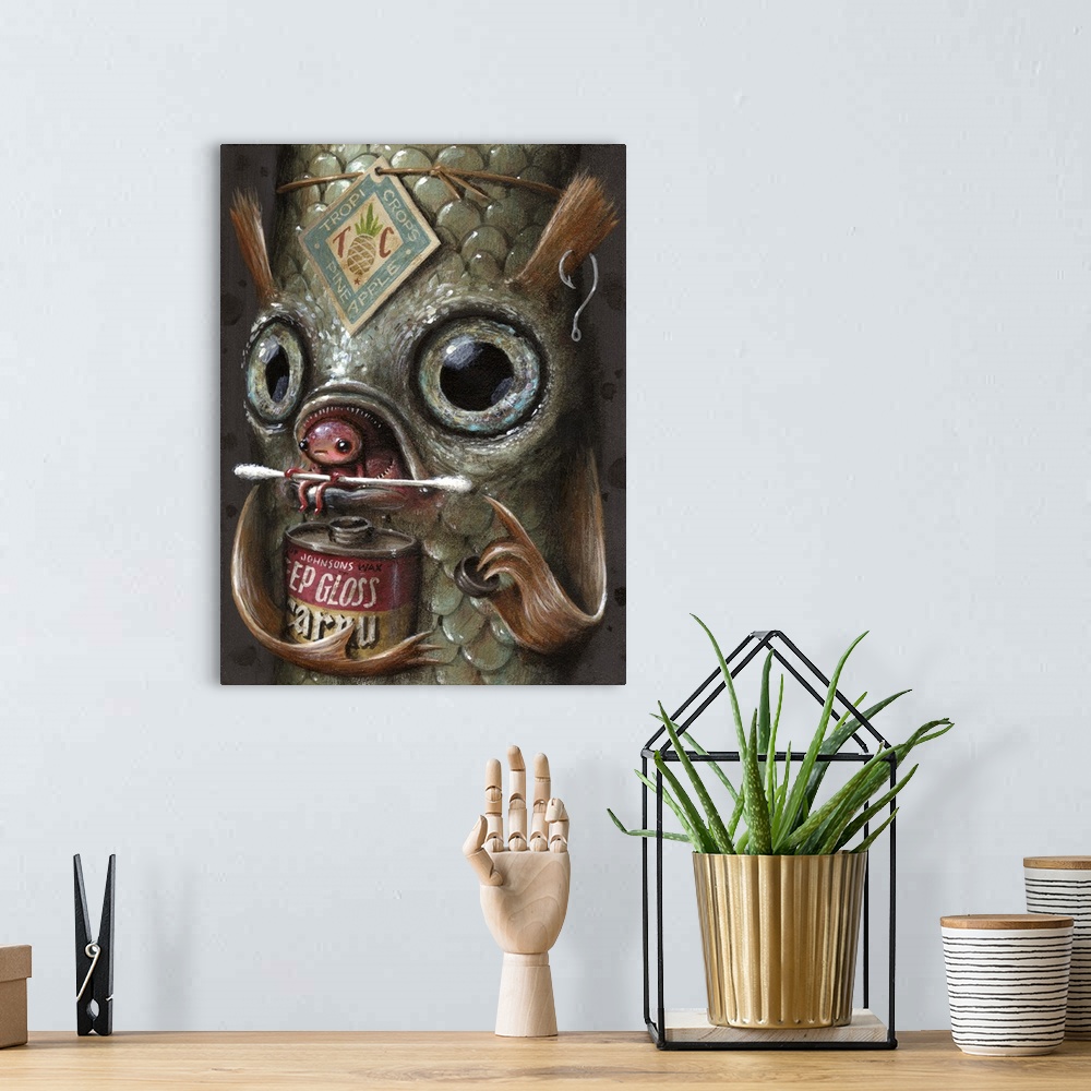 A bohemian room featuring Surrealist painting of an aquatic type animal with a little red animal where the mouth should be ...