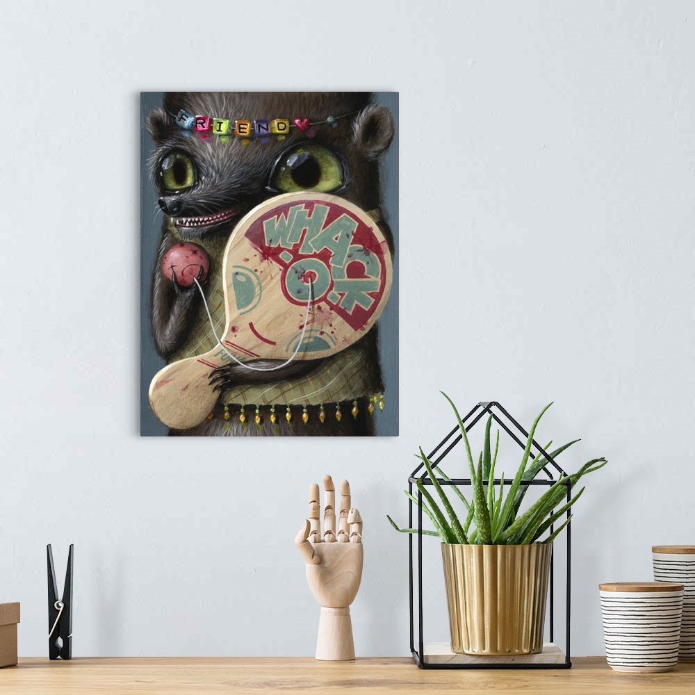 A bohemian room featuring Surrealist painting of an animal wearing a colorful bracelet around its head and holding a paddle...
