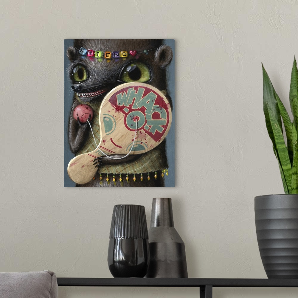 A modern room featuring Surrealist painting of an animal wearing a colorful bracelet around its head and holding a paddle...
