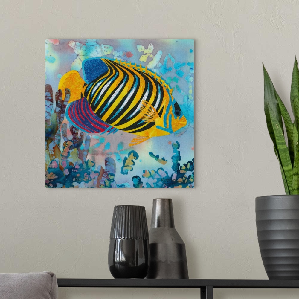 A modern room featuring Contemporary colorful painting of a tropical fish.