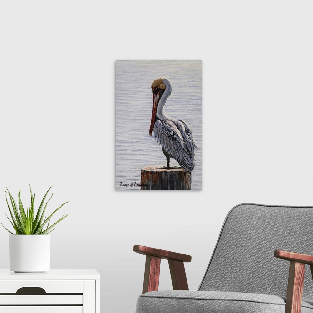 A modern room featuring Contemporary artwork of a brown pelican on a post.