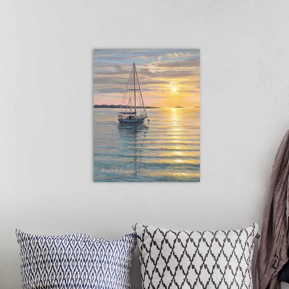 A bohemian room featuring Contemporary artwork of a sailboat with sunset.