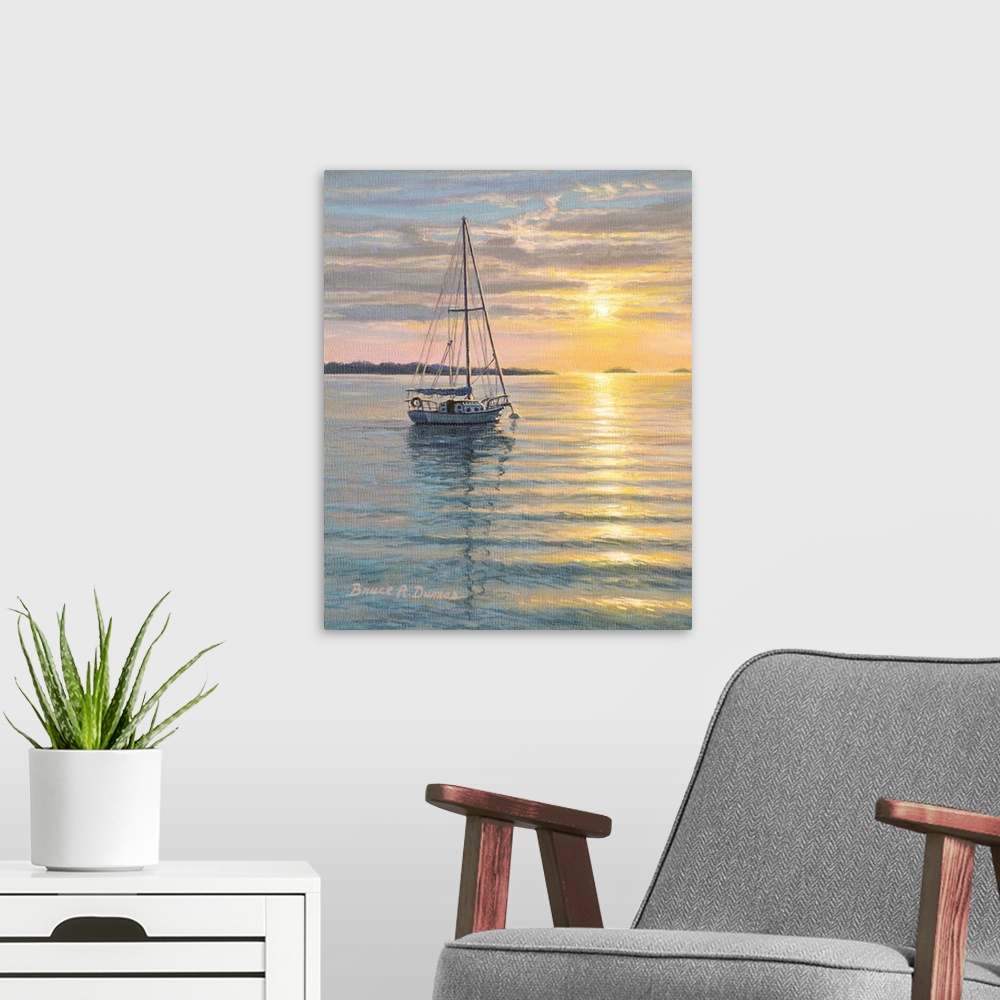 A modern room featuring Contemporary artwork of a sailboat with sunset.