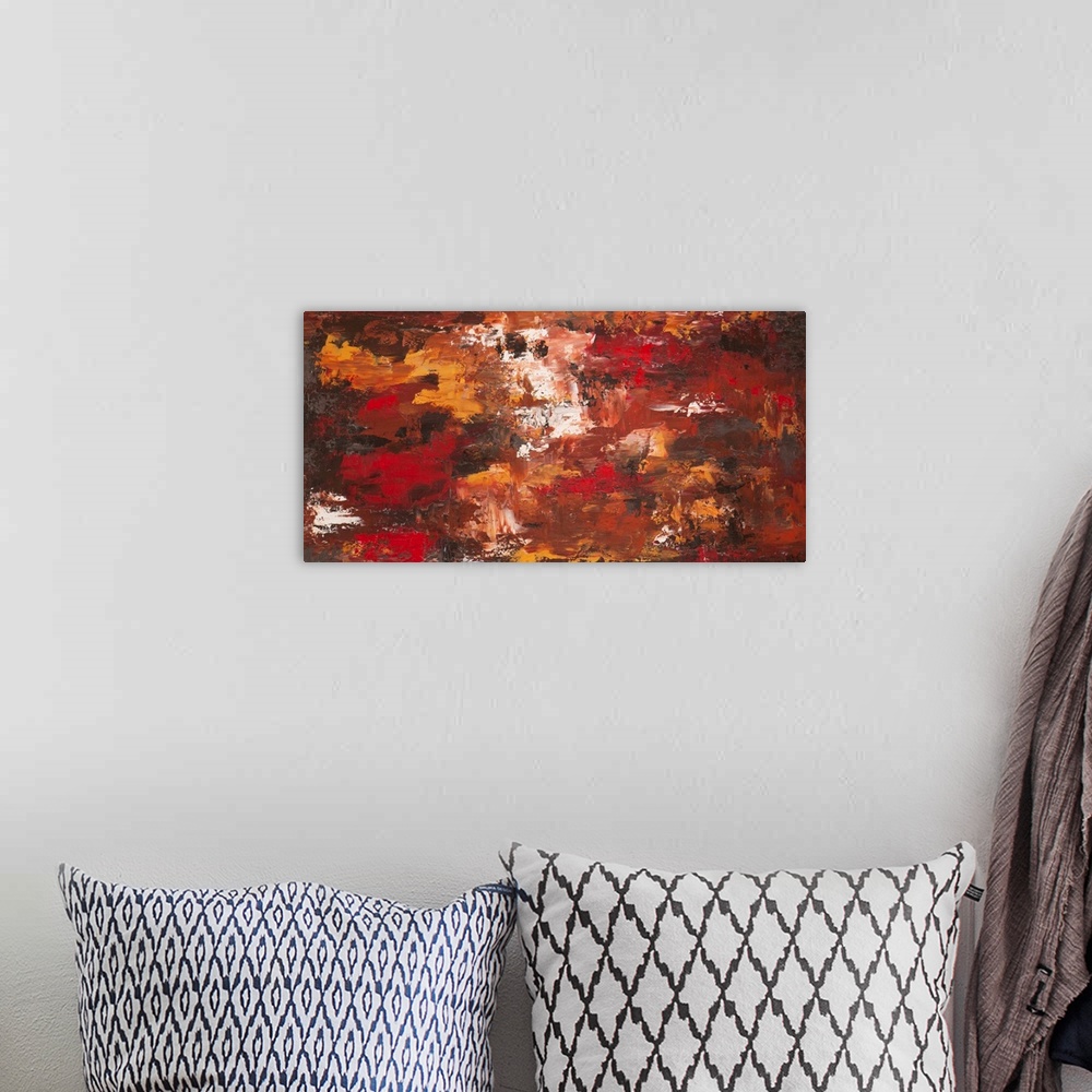 A bohemian room featuring Contemporary abstract painting in rusty tones.