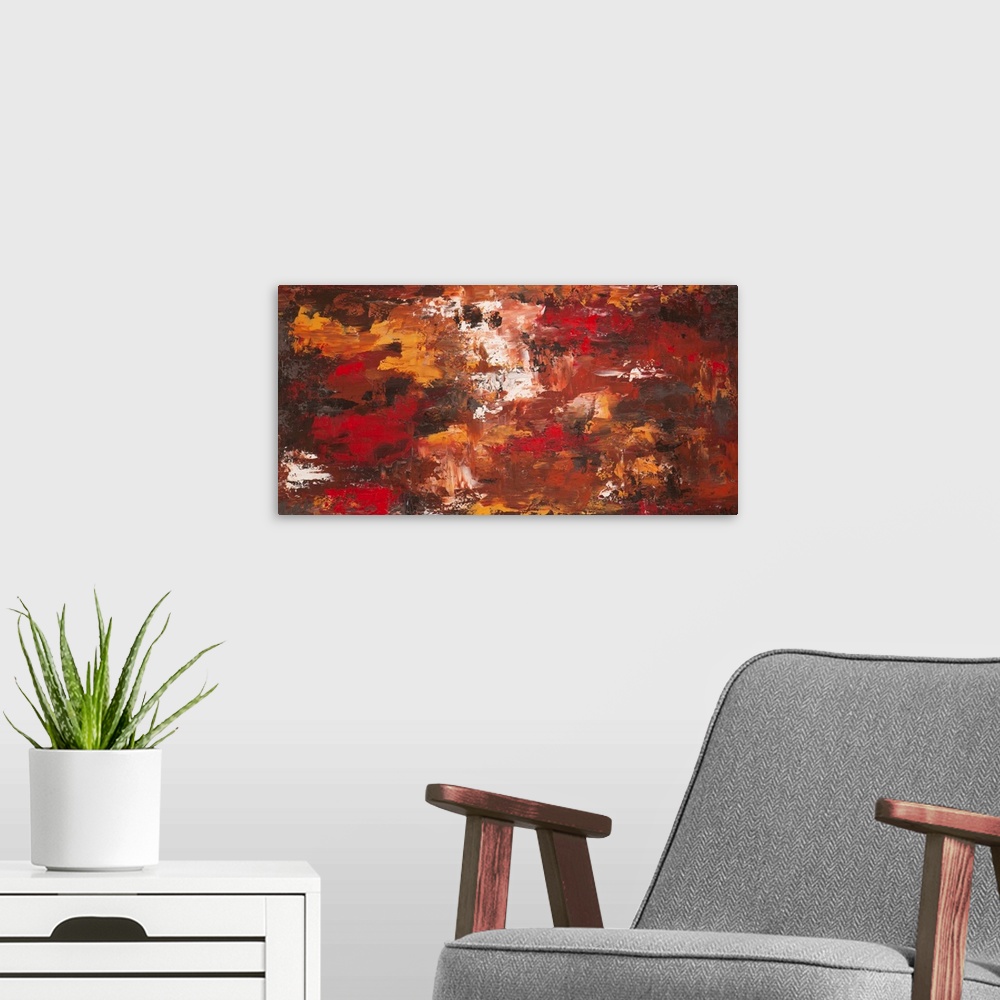 A modern room featuring Contemporary abstract painting in rusty tones.