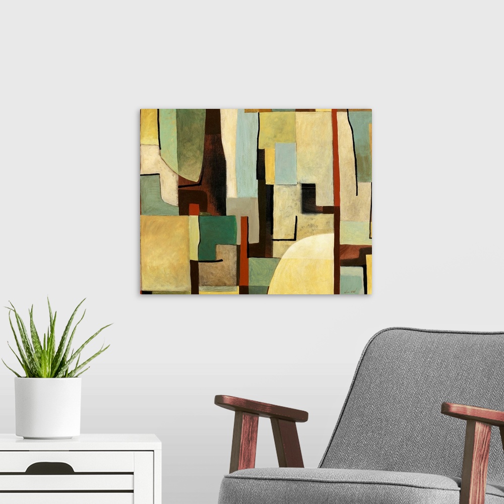 A modern room featuring Contemporary abstract painting warm and cool tones in geometric shapes.
