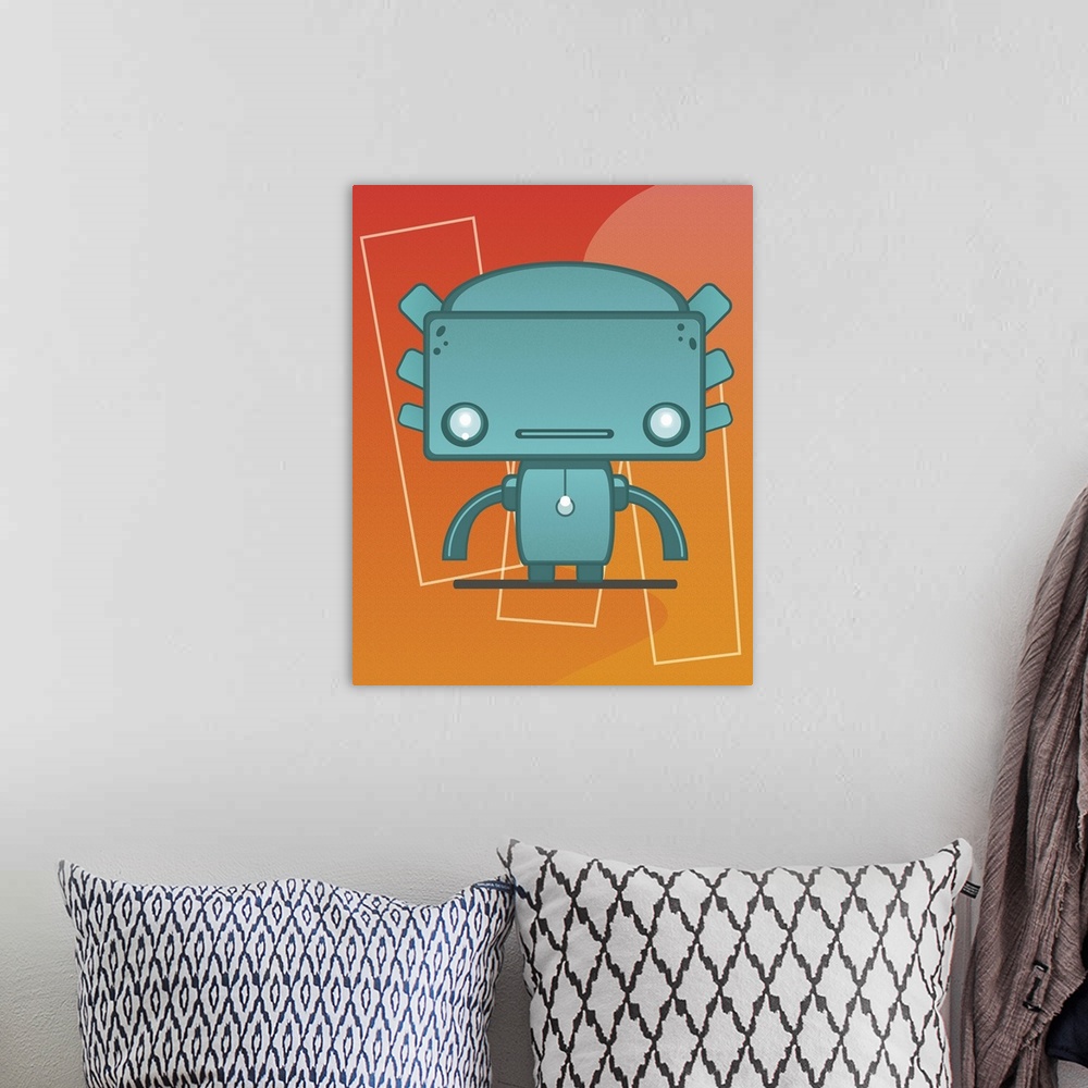 A bohemian room featuring Illustration of a cute little blue robot.