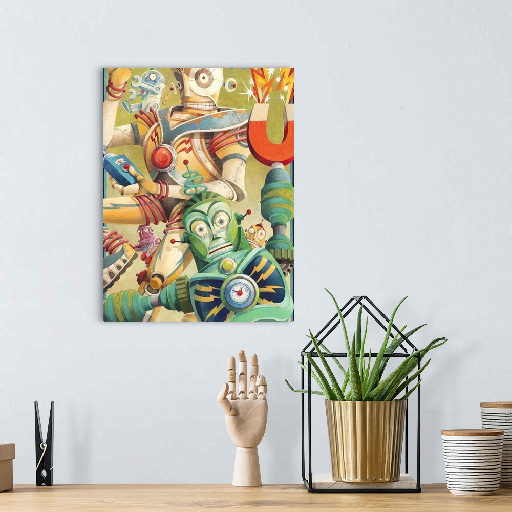 A bohemian room featuring Contemporary artwork of elaborate and colorful looking robot characters.