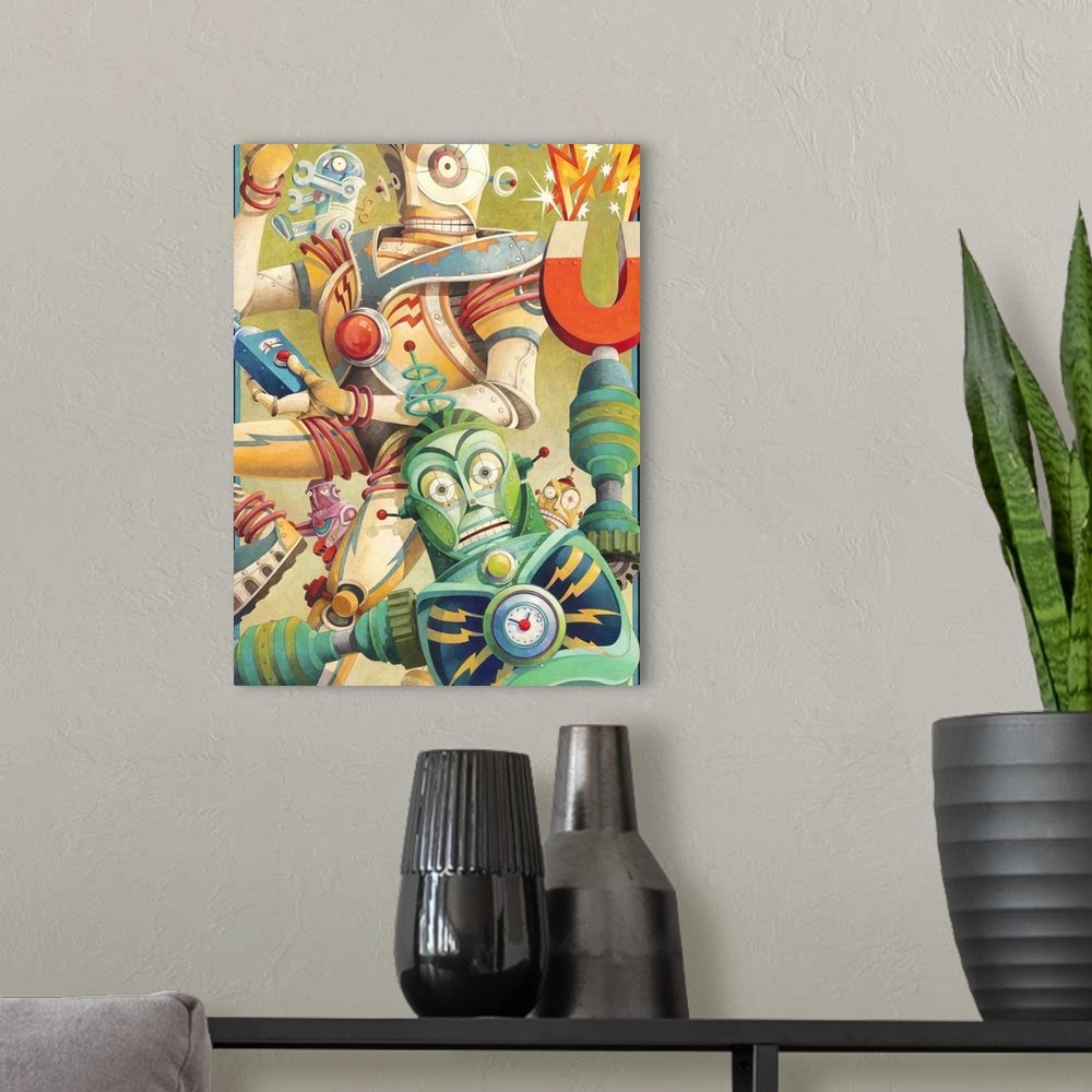 A modern room featuring Contemporary artwork of elaborate and colorful looking robot characters.