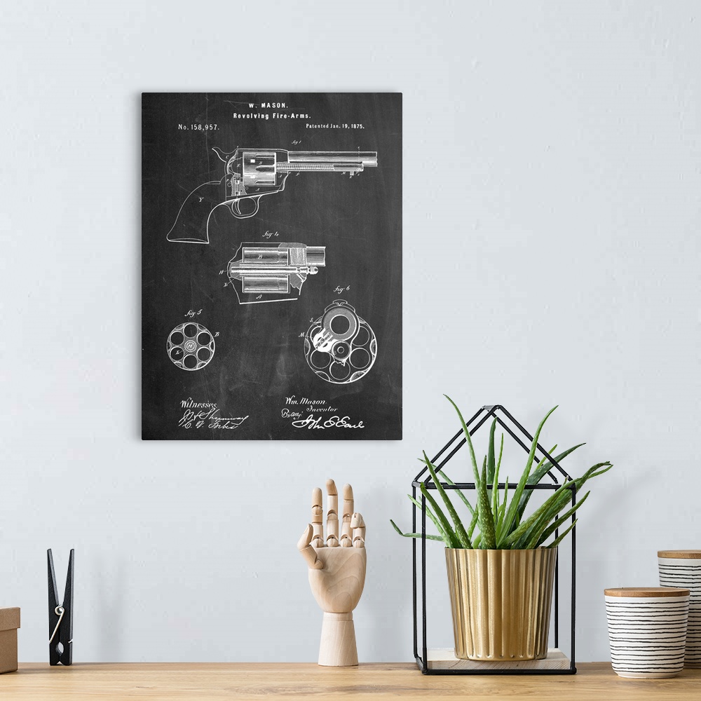 A bohemian room featuring Black and white diagram showing the parts of a revolver.