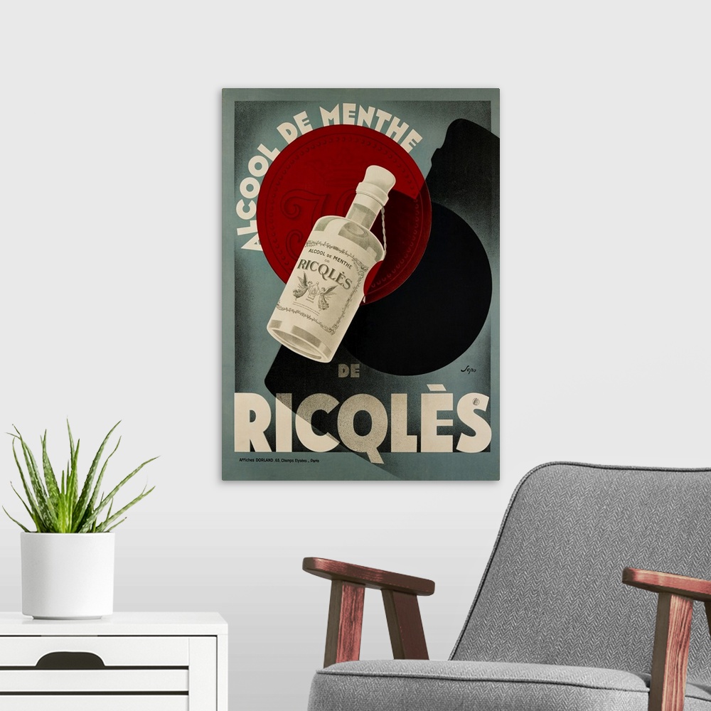 A modern room featuring Vintage advertisement artwork for Ricqles.