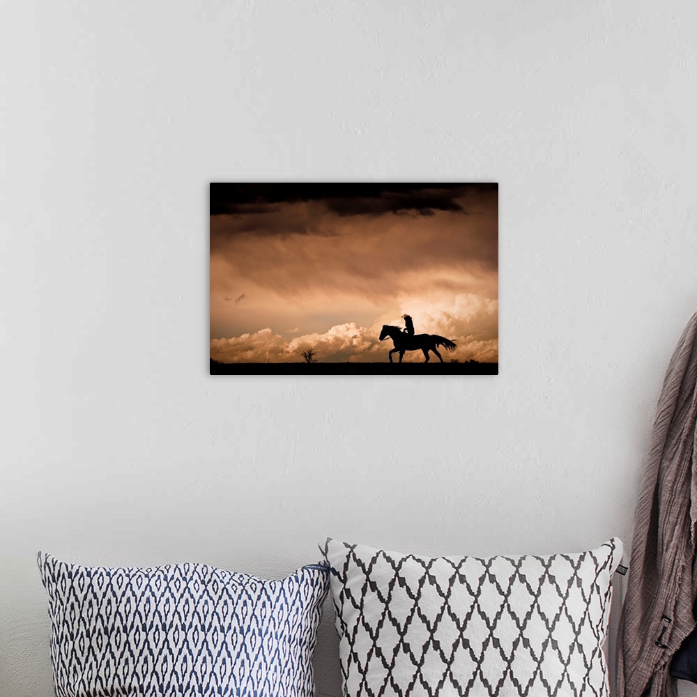A bohemian room featuring Stormy clouds and lone rider