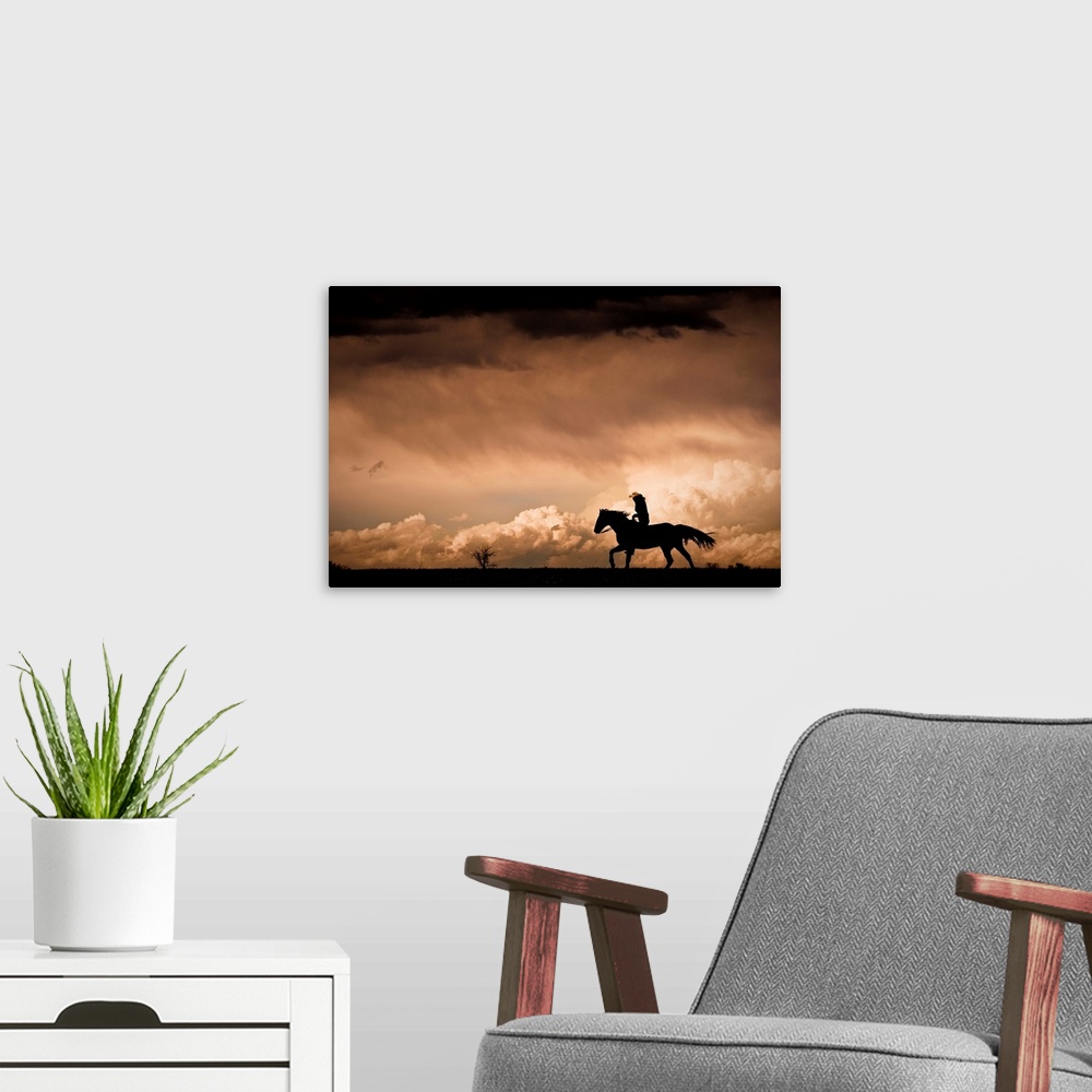 A modern room featuring Stormy clouds and lone rider