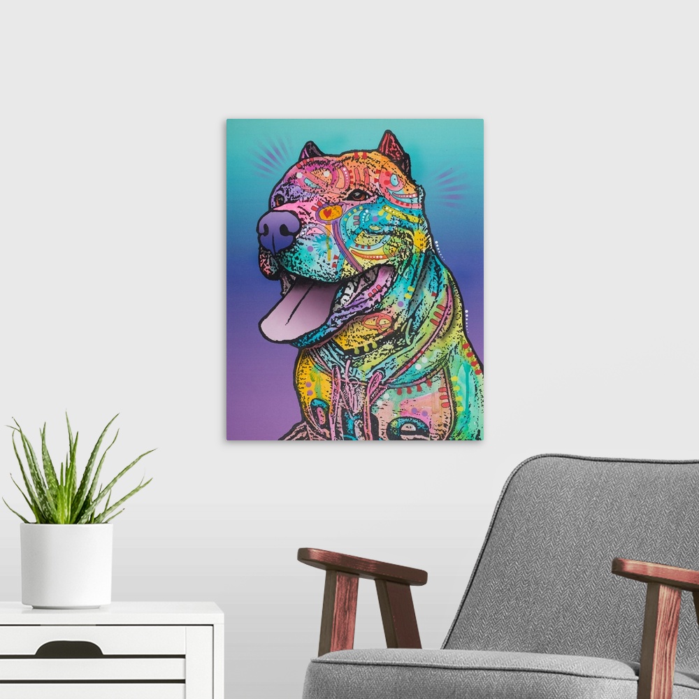 A modern room featuring Illustration of a pit bull made with different colors and shaped designs on a blue and purple bac...