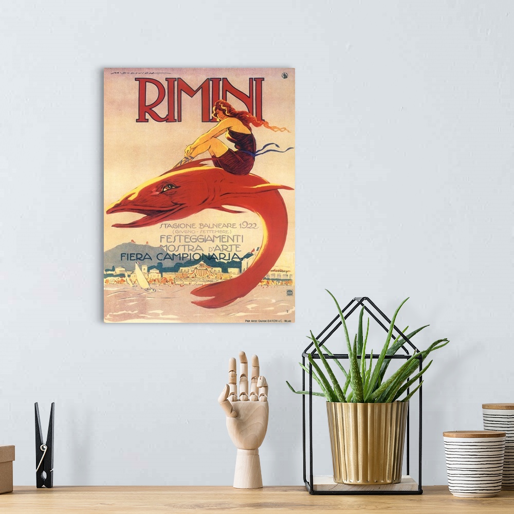 A bohemian room featuring Vintage poster advertisement for Rimini.