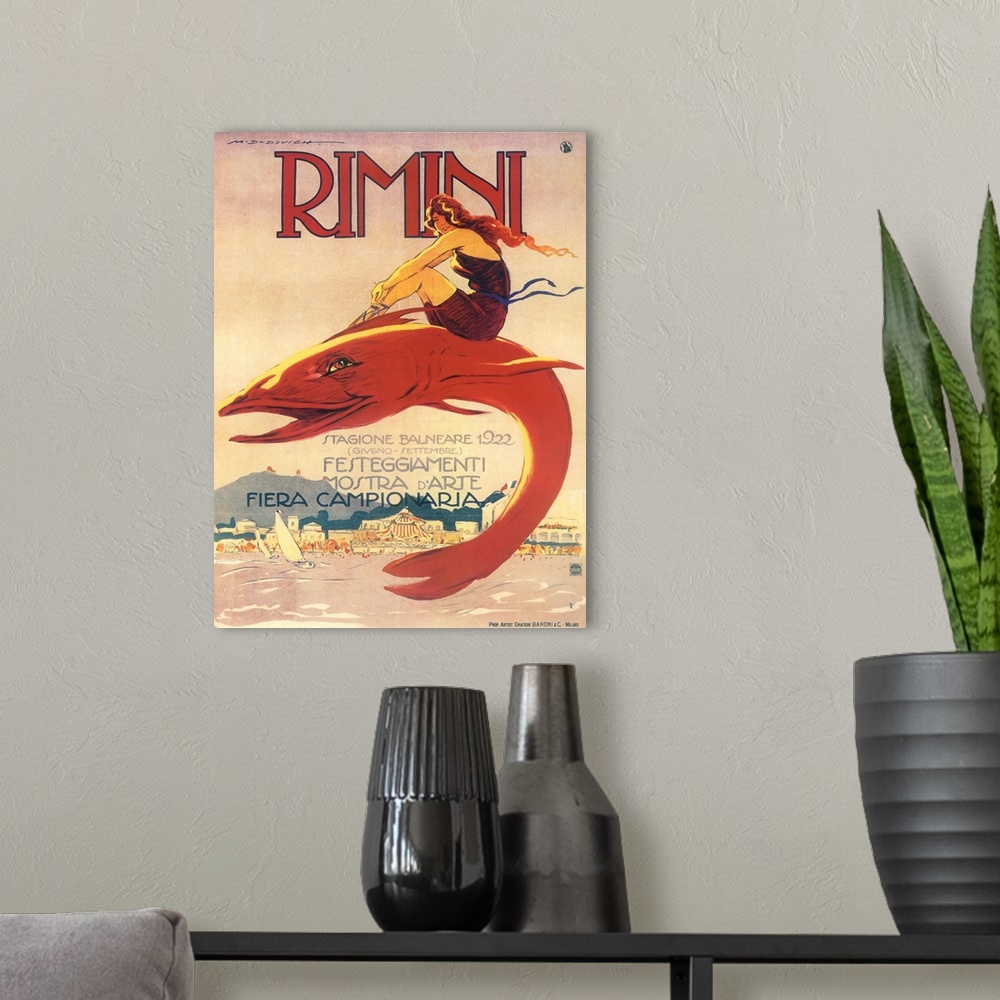 A modern room featuring Vintage poster advertisement for Rimini.