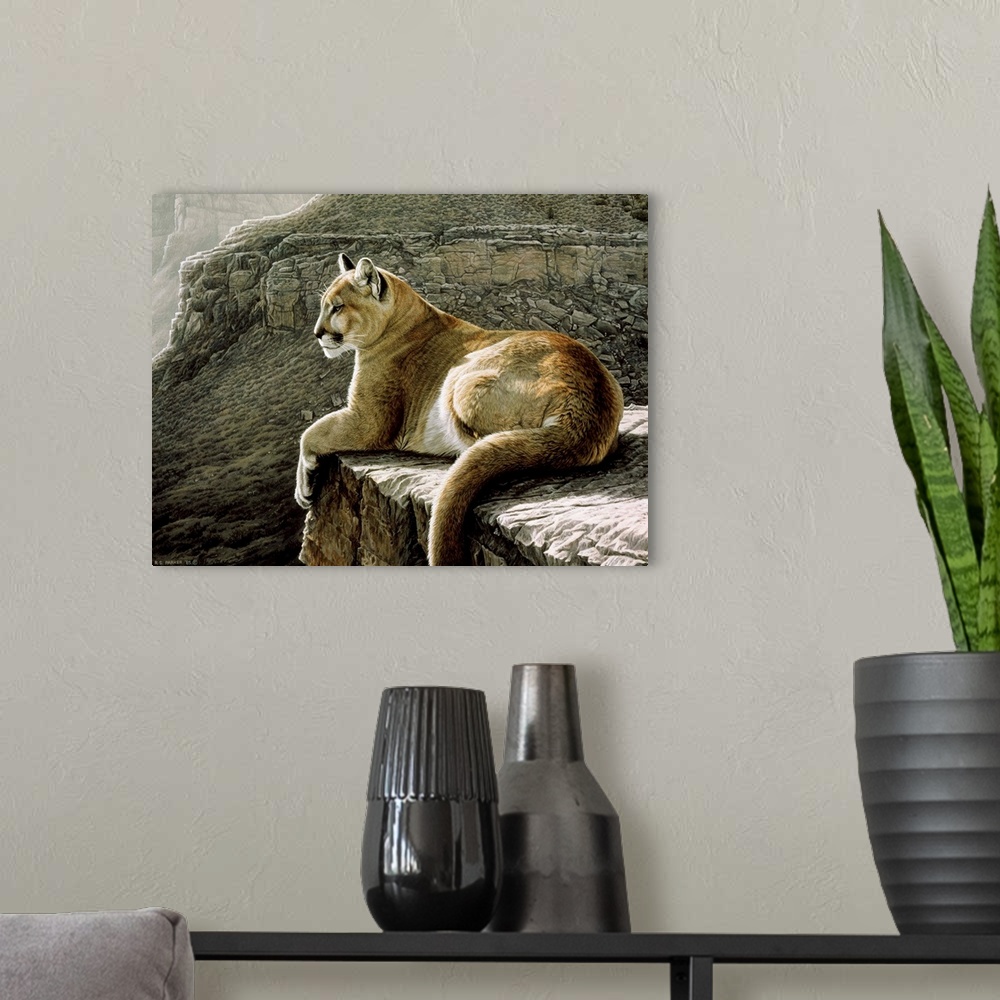 A modern room featuring A cougar lying on a rocky ledge.