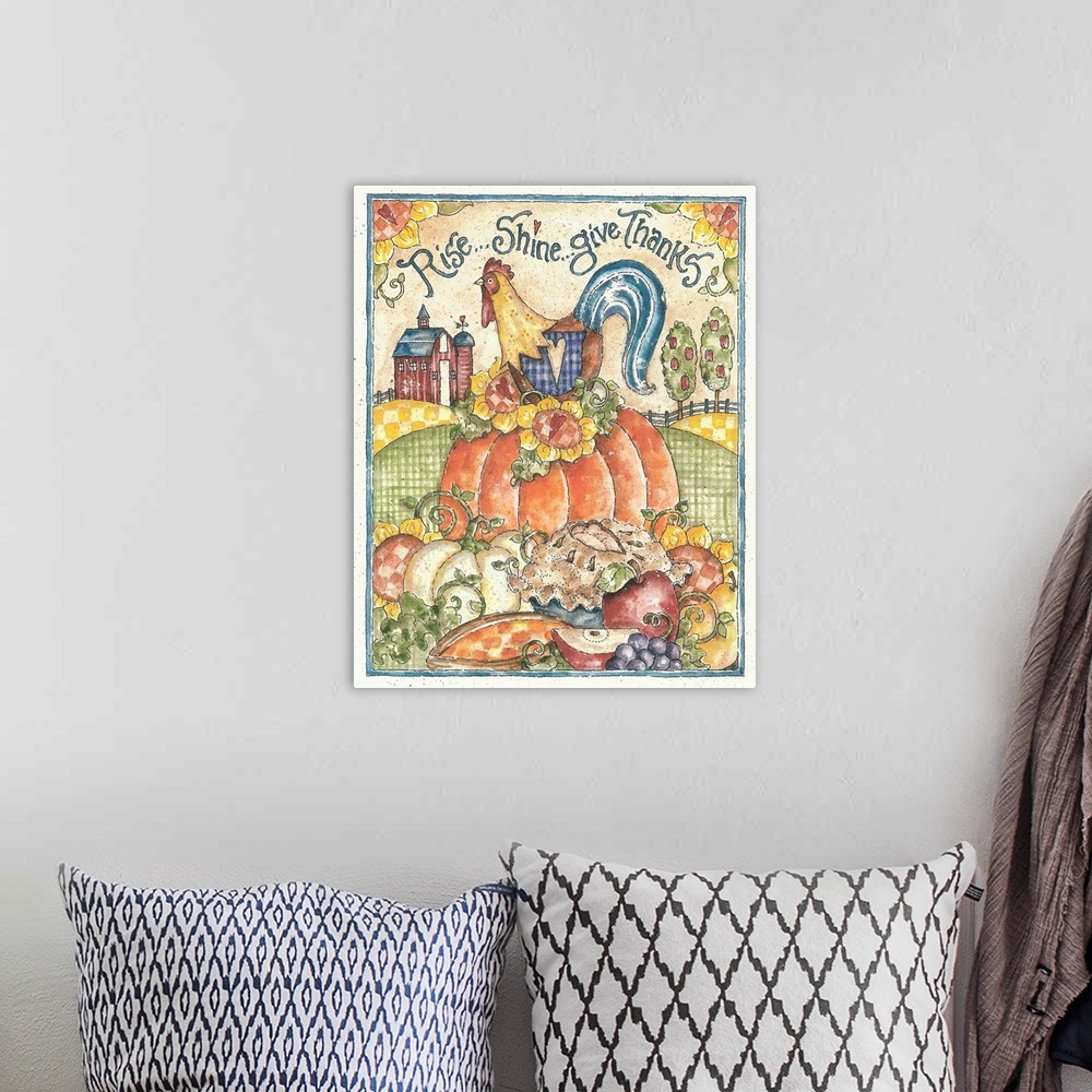 A bohemian room featuring Folk artwork of a rooster sitting on top of a pumpkin with a barn in the background.