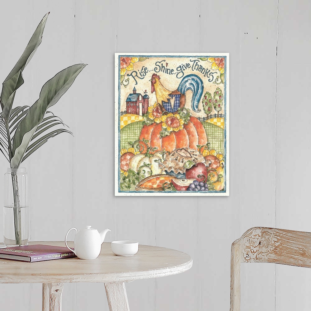 A farmhouse room featuring Folk artwork of a rooster sitting on top of a pumpkin with a barn in the background.