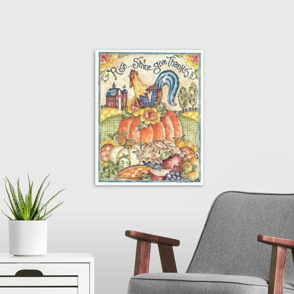A modern room featuring Folk artwork of a rooster sitting on top of a pumpkin with a barn in the background.