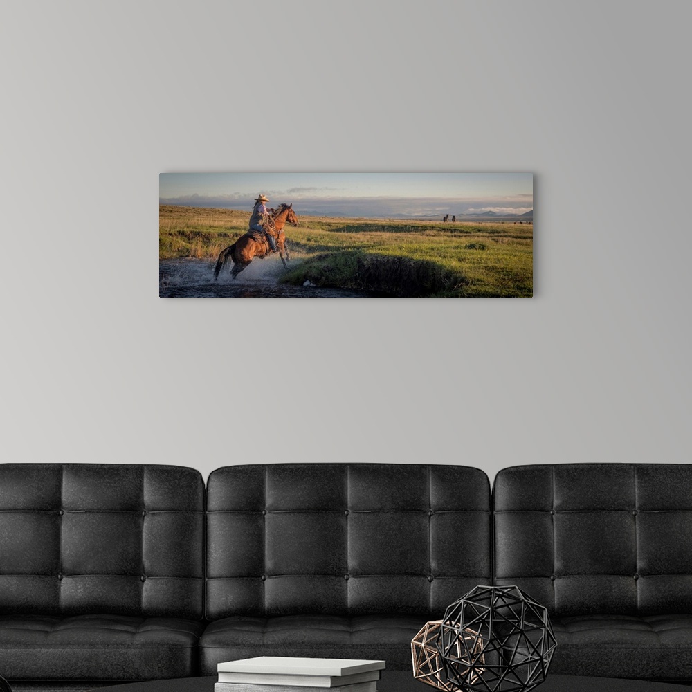 A modern room featuring Action photograph of a cowgirl crossing a river on horseback.