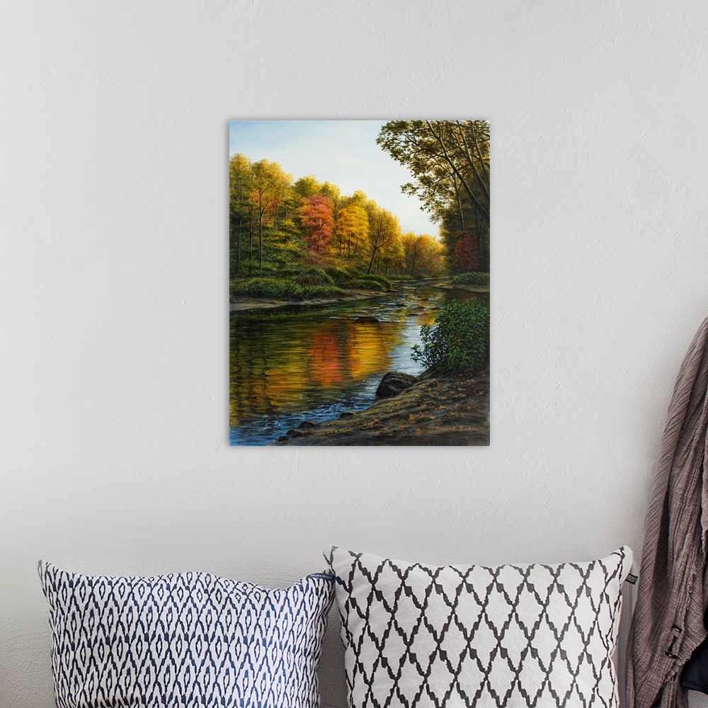 A bohemian room featuring Contemporary artwork of a river in the fall.