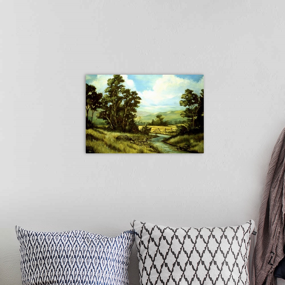 A bohemian room featuring Contemporary painting of a stream cutting through a grove.