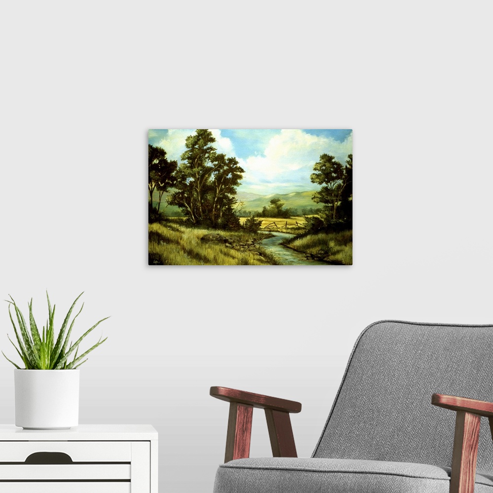 A modern room featuring Contemporary painting of a stream cutting through a grove.