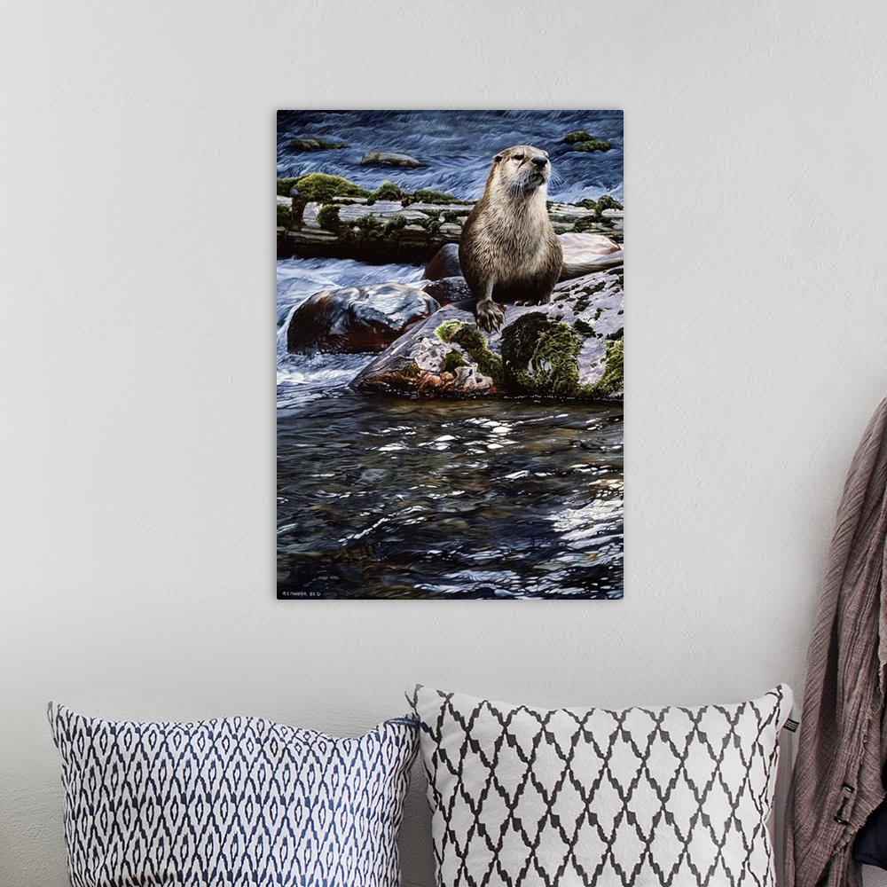 A bohemian room featuring An otter sitting on a rock in the middle of the river.