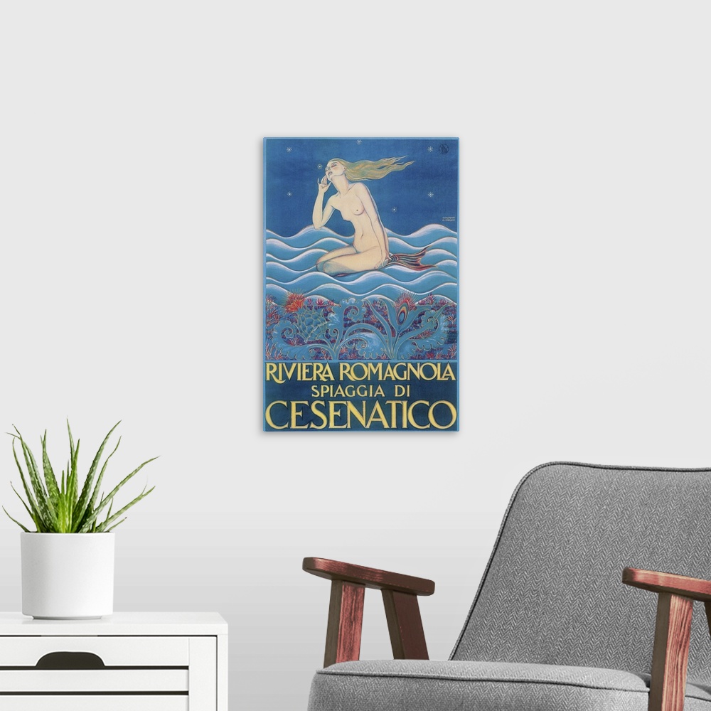 A modern room featuring Vintage poster advertisement for Riviera Romagnola.