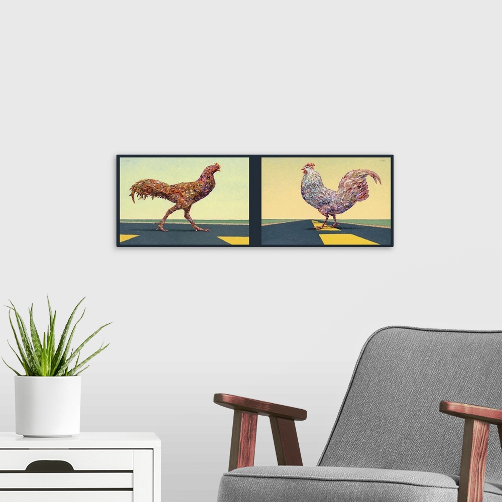 A modern room featuring Matching paintings of two chickens in the middle of the street.