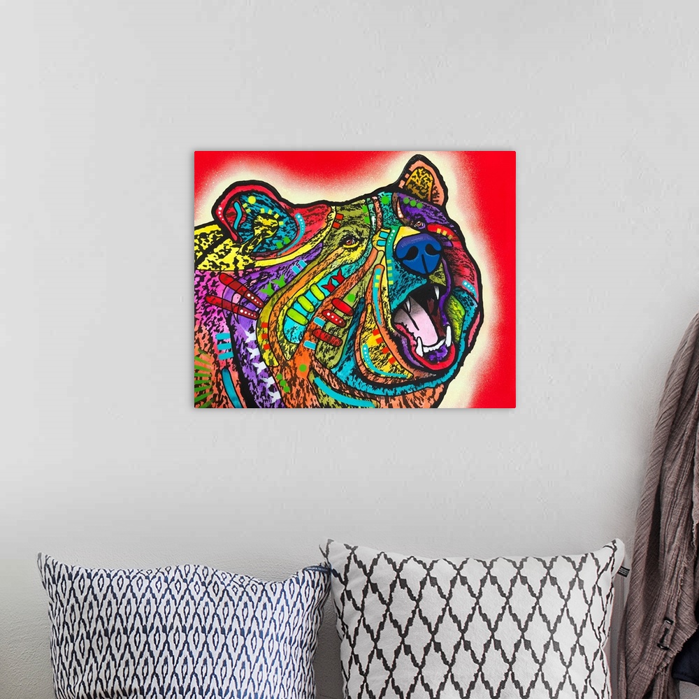 A bohemian room featuring Contemporary stencil painting of a bear filled with various colors and patterns.