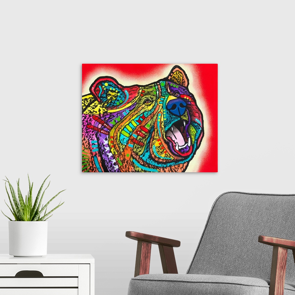 A modern room featuring Contemporary stencil painting of a bear filled with various colors and patterns.