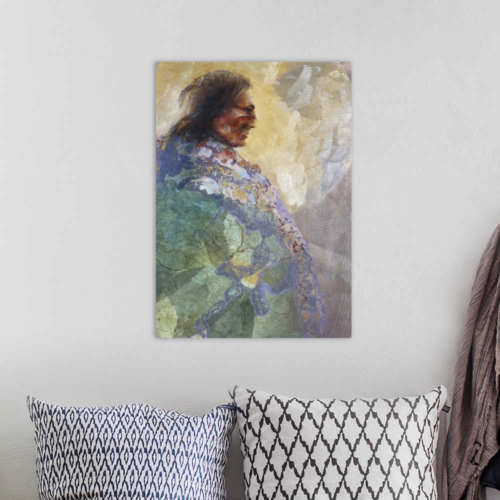 A bohemian room featuring A contemporary painting of a Native American man draped in colorful robes.