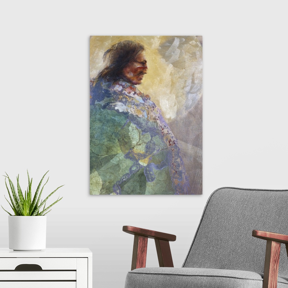 A modern room featuring A contemporary painting of a Native American man draped in colorful robes.