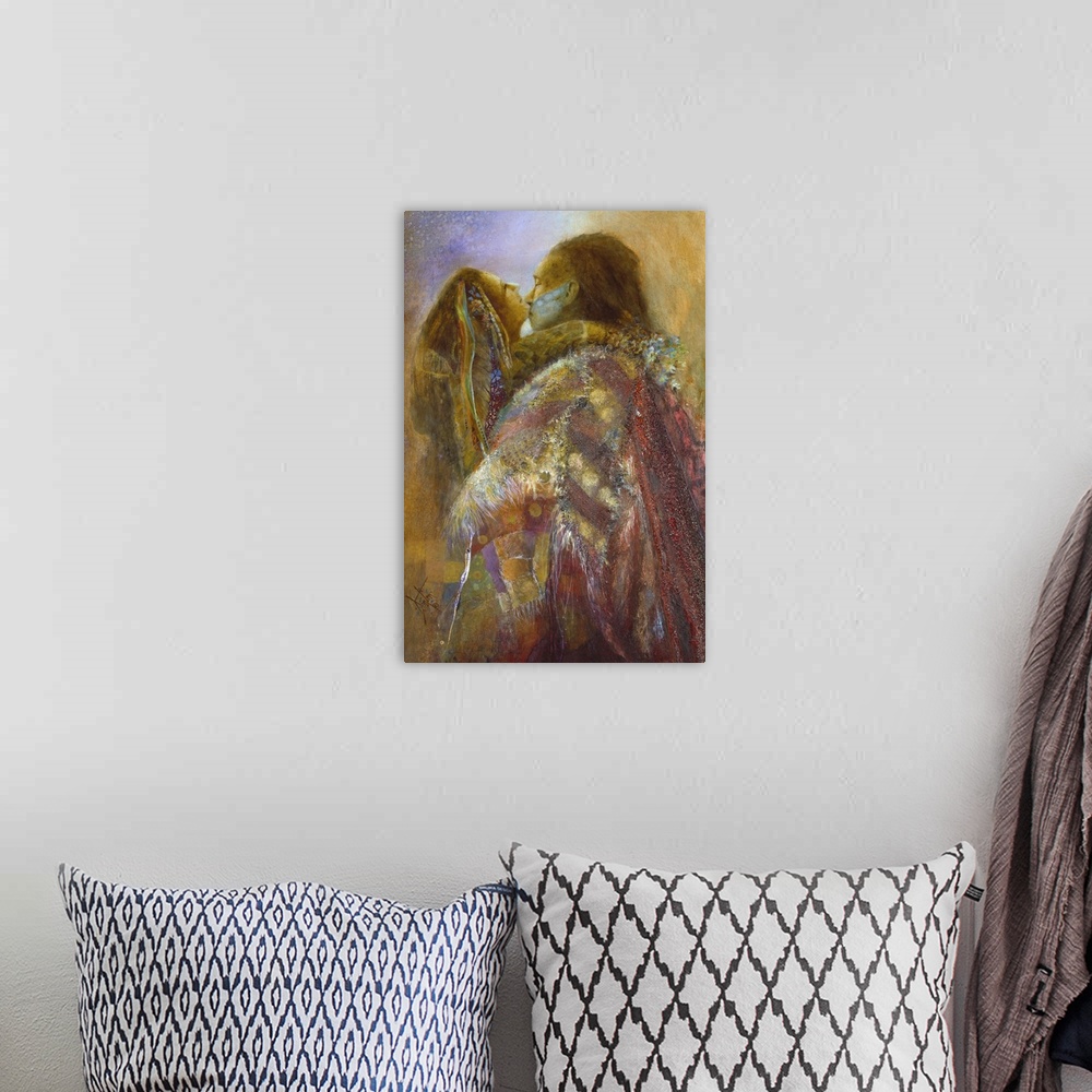 A bohemian room featuring A contemporary painting of a a Native American couple locked in embrace underneath colorful blank...
