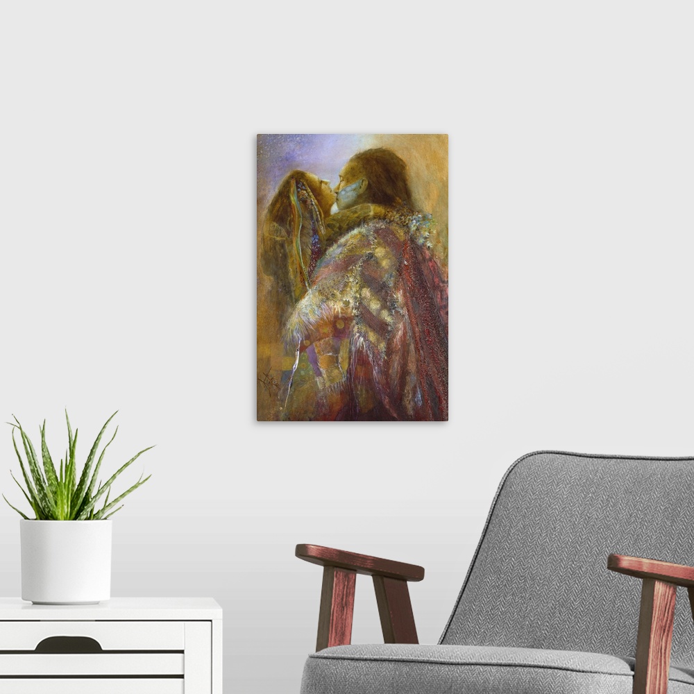 A modern room featuring A contemporary painting of a a Native American couple locked in embrace underneath colorful blank...